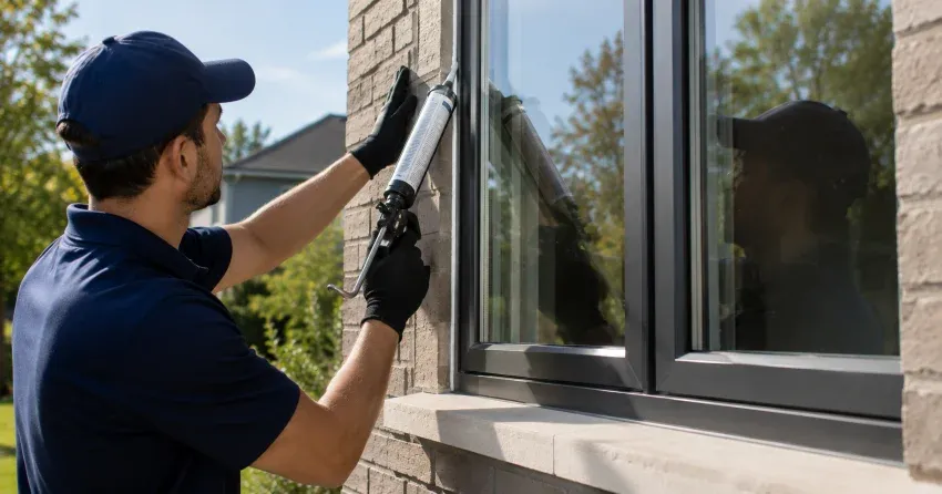 Aluminum window frame with double glazed insulated glass unit installed in a residential wall in St. Thomas