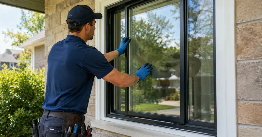 technician measuring a broken window pane for replacement in Orchard Park South, St. Thomas