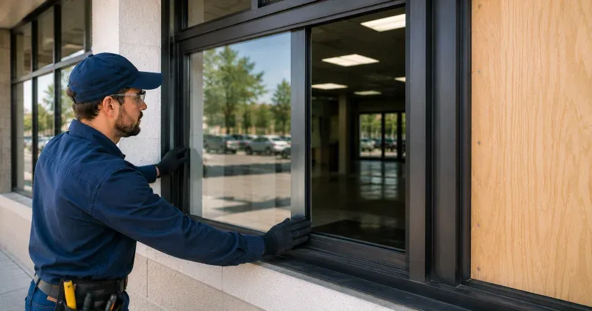 technician boarding a broken window after a break-in in Eagle Ridge, St. Thomas