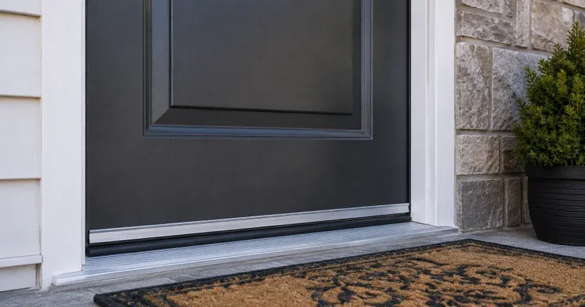 technician replacing worn door weatherstripping in Eagle Ridge, St. Thomas home
