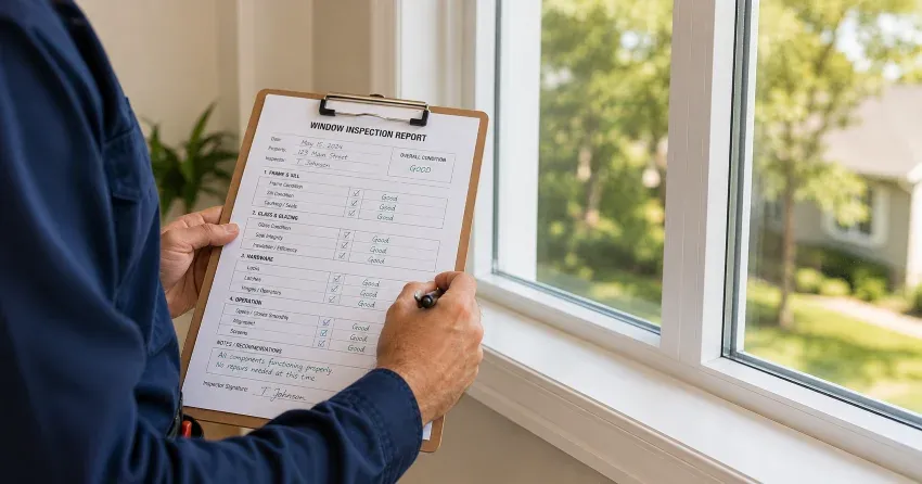technician inspecting window seal and frame in Lynhurst Heights, St. Thomas