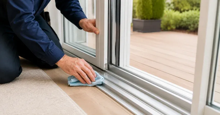 technician inspecting a sliding patio door track in St. Thomas