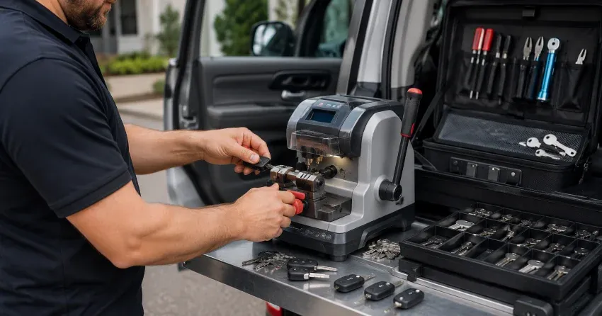 technician cutting a replacement car door lock key in St. Thomas