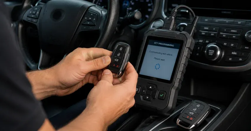 technician inspecting a worn car key before replacement in St. Thomas