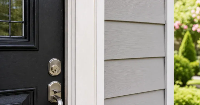 technician inspecting door jamb behind cracked casing in Eagle Ridge, St. Thomas home