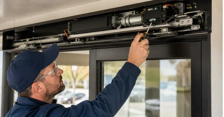 technician completing automatic door repair on residential property in Harvest Run, St. Thomas