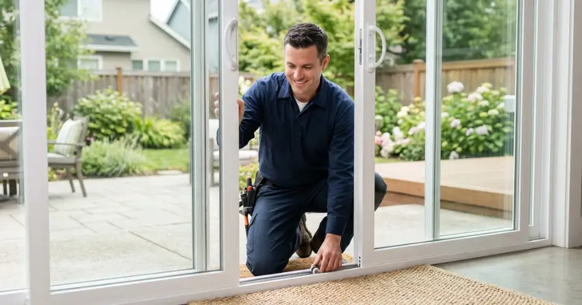 technician diagnosing a sticking patio door in St. Thomas