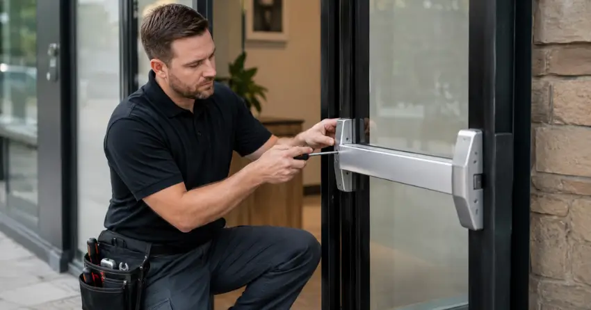 commercial locksmith repairing exit device on storefront door Avenue Collection, St. Thomas