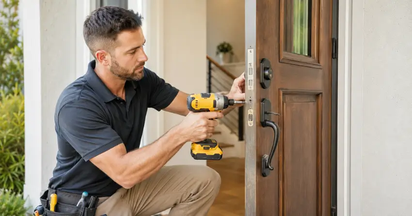 locksmith installing new deadbolt lock on front door in St. Thomas