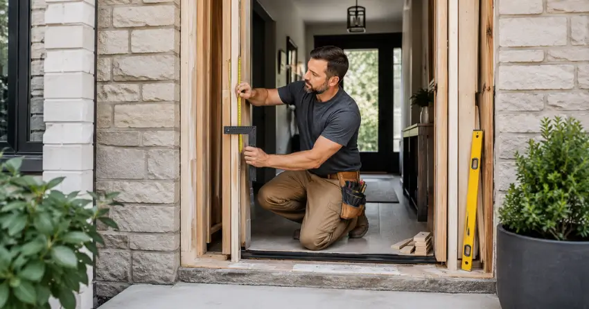 exterior door installer assessing rough opening in St. Thomas
