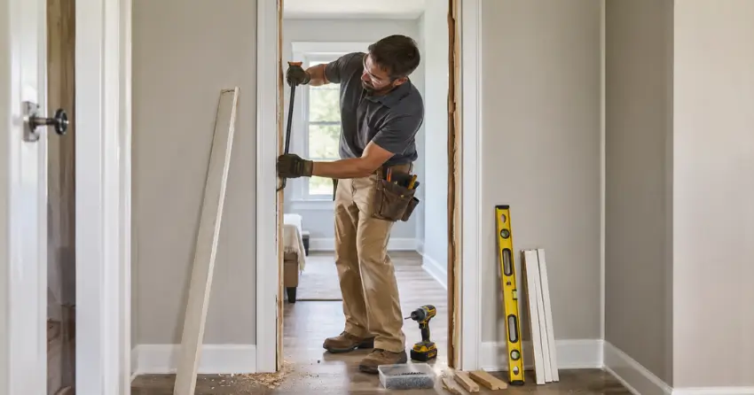 technician removing an old interior door frame during installation Avenue Collection, St. Thomas