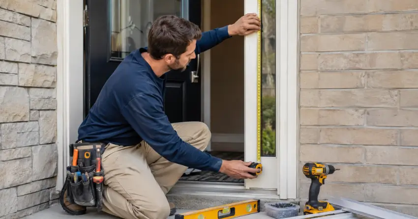technician measuring door frame before storm door install in Harvest Run, St. Thomas