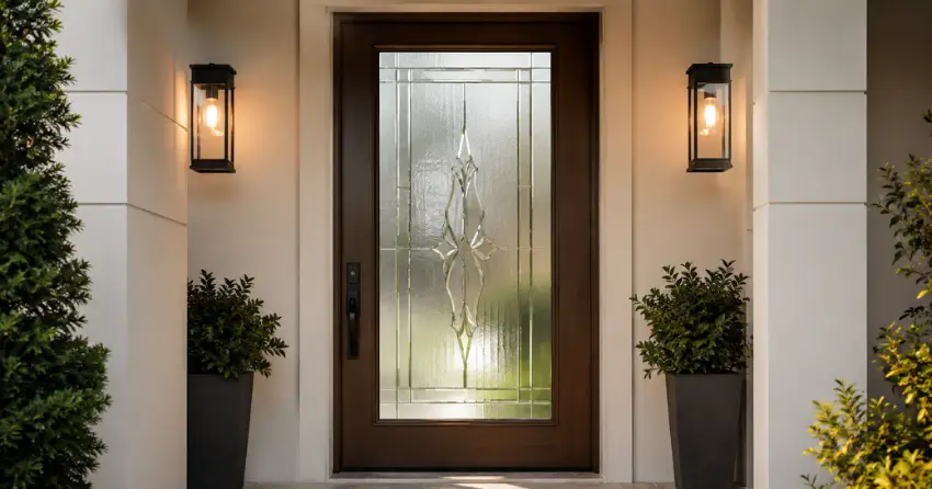 decorative frosted glass panel installed in a front door in St. Thomas