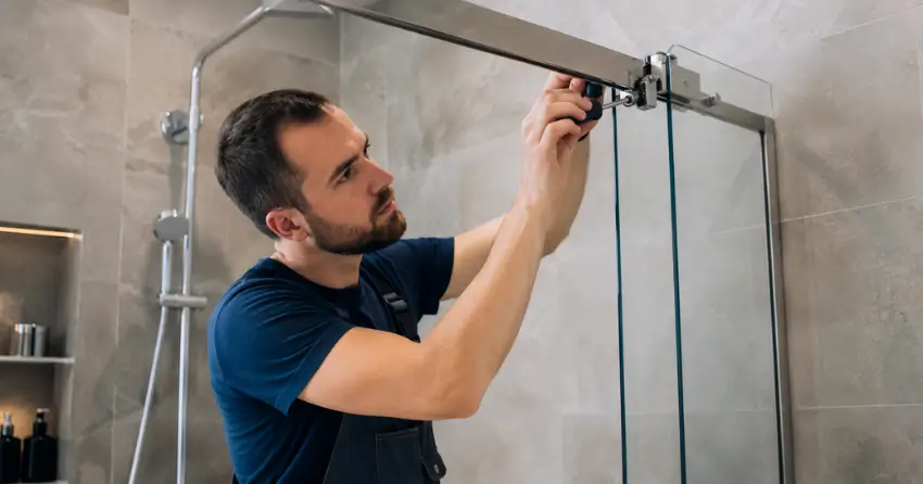 technician adjusting shower door hinge and track in Miller