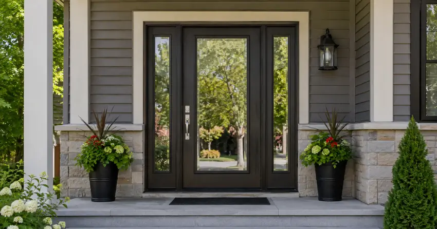 glass entry door with sidelights on a home in St. Thomas