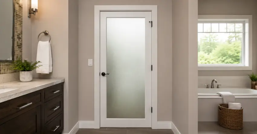 frosted glass panel bathroom door installed in a Miller