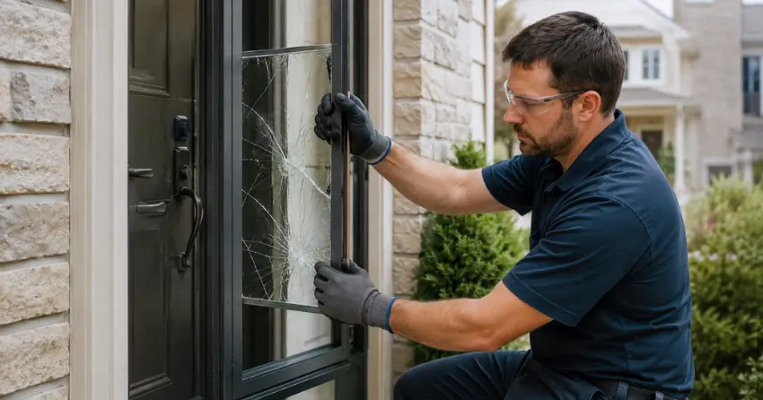 technician removing cracked storm door glass panel in Avenue Collection, St. Thomas