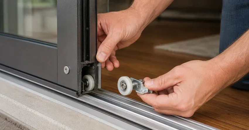 sliding door alignment St. Thomas technician adjusting roller track