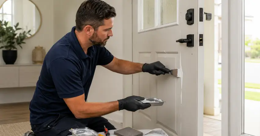 technician repairing fiberglass door surface crack in St. Thomas
