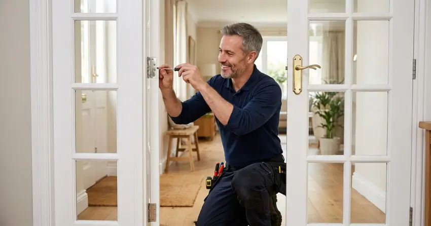 technician adjusting French door hinge for proper alignment in Orchard Park Meadows, St. Thomas