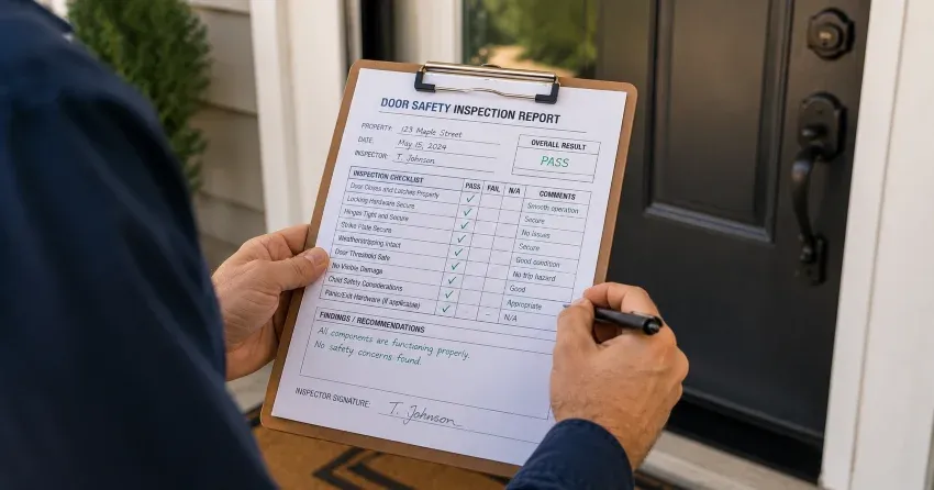 inspector checking strike plate and door frame during safety inspection in Eagle Ridge, St. Thomas
