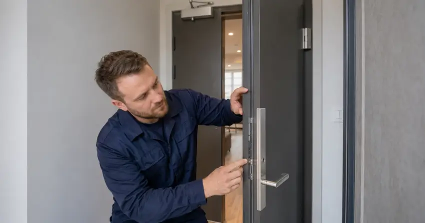technician inspecting fire-rated door seal and hardware in St. Thomas