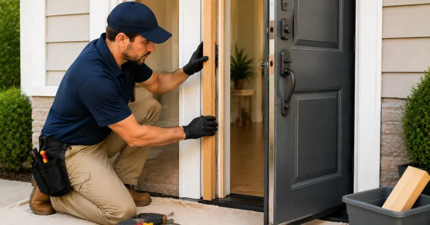 technician inspecting damaged door frame corner in St. Thomas
