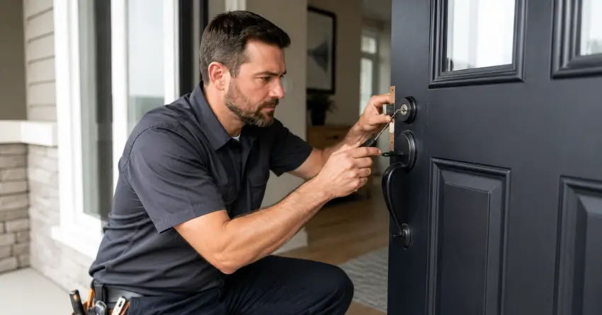 licensed locksmith technician working on residential deadbolt in St. Thomas