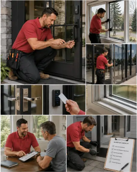 A technician testing a multi-point locking system on a newly fitted door